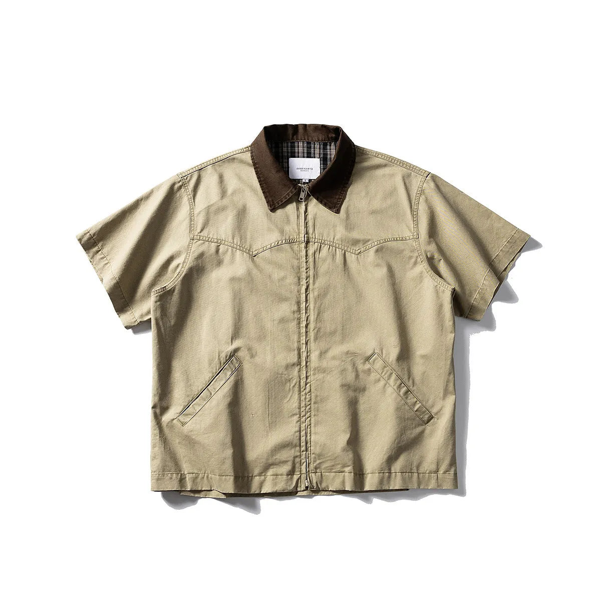 Men's loose casual short sleeve cardigan shirt in washed cotton fabric, khaki colour