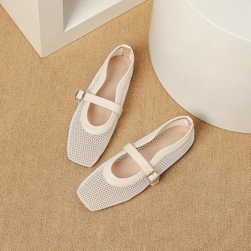 Women's breathable mesh summer shoe in a solid colour with square toe and adjustable buckle.