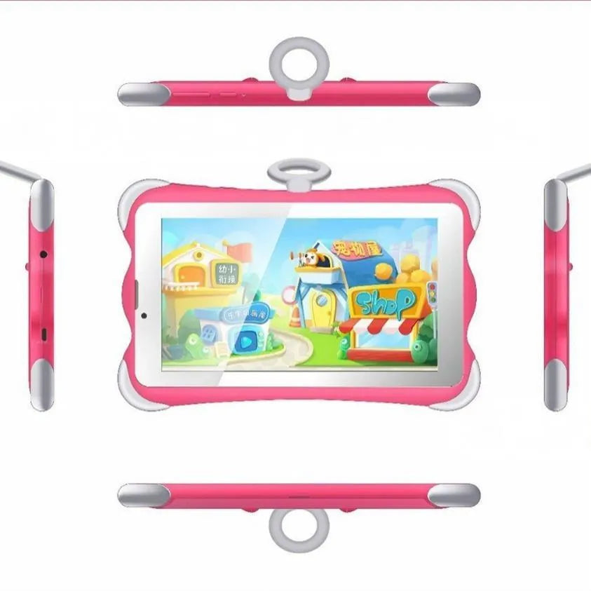 7-inch children's learning tablet in cartoon colours with a stand, showing the screen and 3G call function.