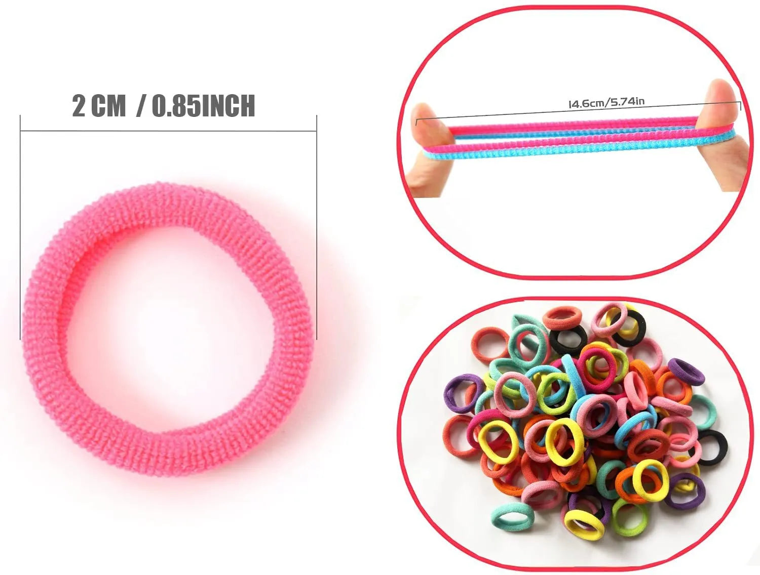 100 seamless cotton baby hair ties in 10 colours stored in a small glass jar.