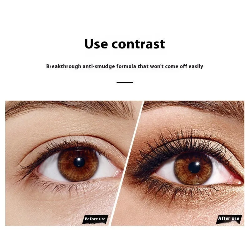Black waterproof mascara with 4D long thick curling effect and non-smudge formula.