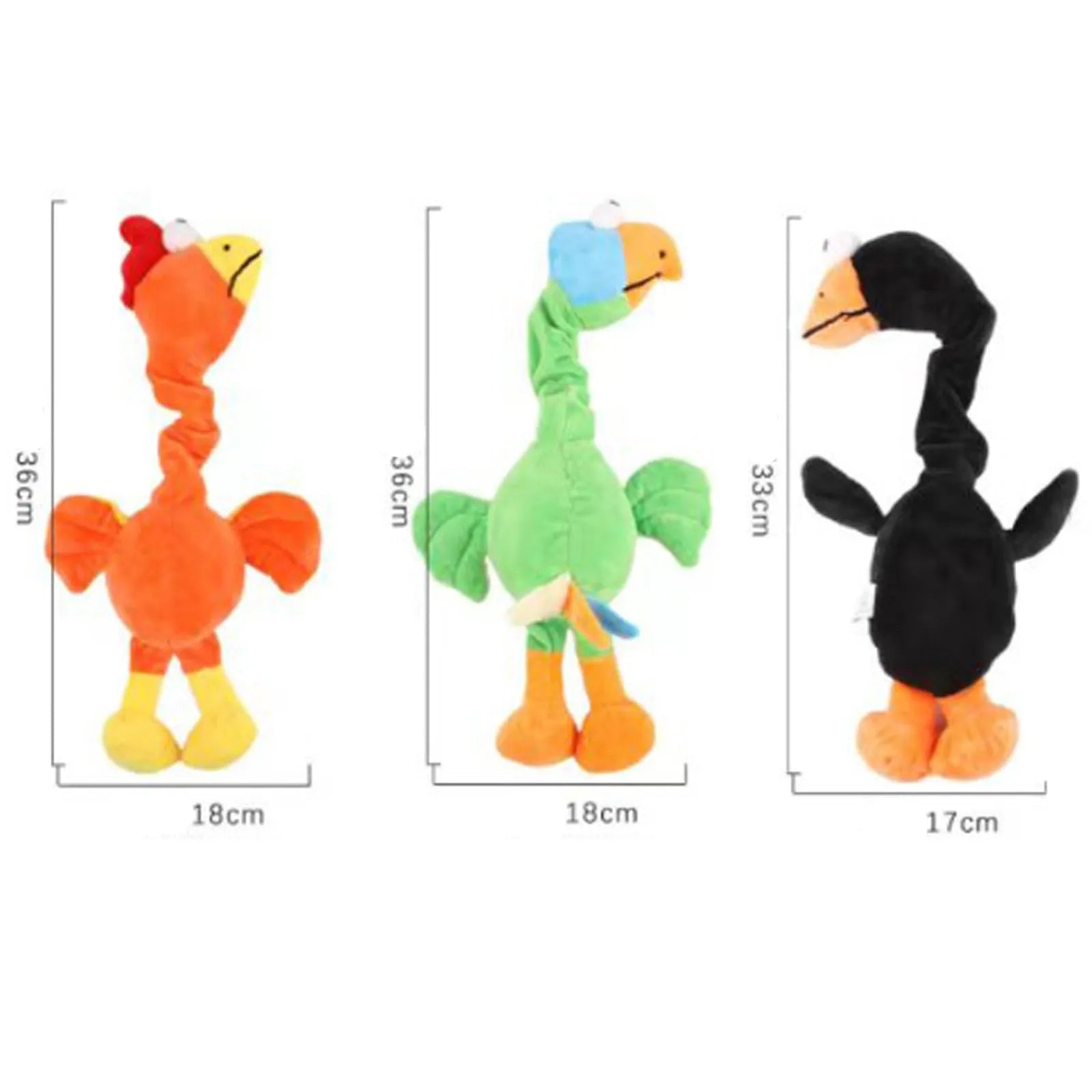 Screaming chicken sound dog toy in black, green or orange colours with bite-resistant rubber construction