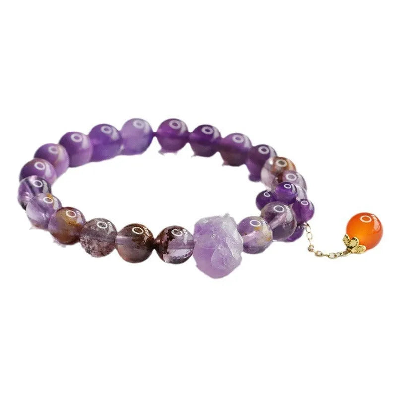 Natural nine purple crystal bracelet with amethyst beads and red agate accents in Mori style