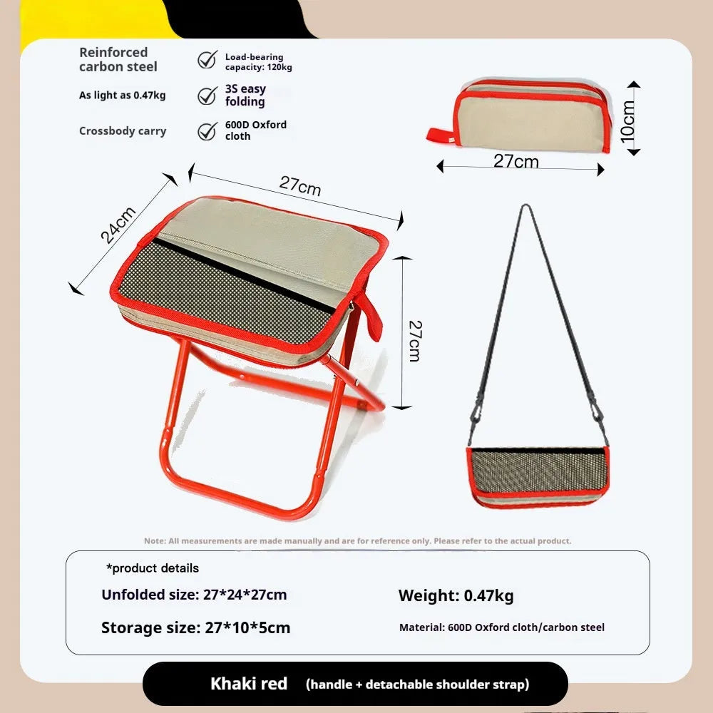 Foldable camp stool in pencil box design with oxford cloth construction shown in khaki colour