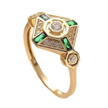 Square-cut emerald green ins style fashion ring for women on a white background.