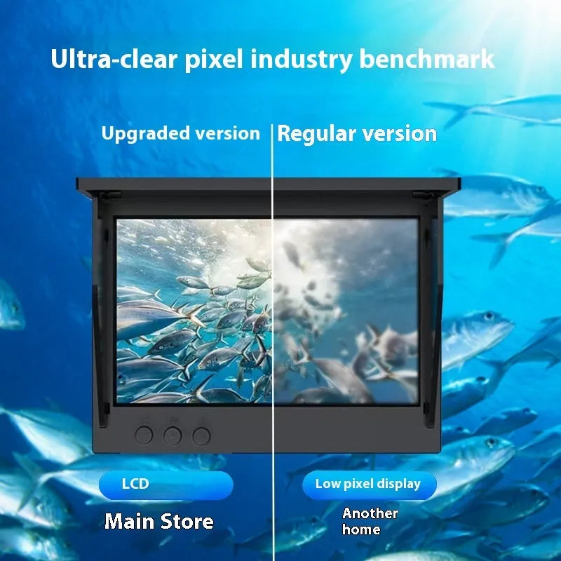 Fish finder underwater camera system with 4.3-inch display screen, camera unit, and cable on a blue background.