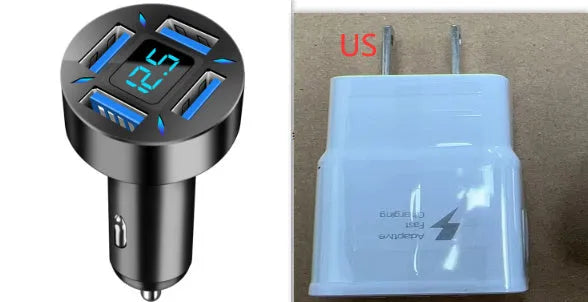 Black four-port USB car charger with LED digital display, compact design for vehicle use.