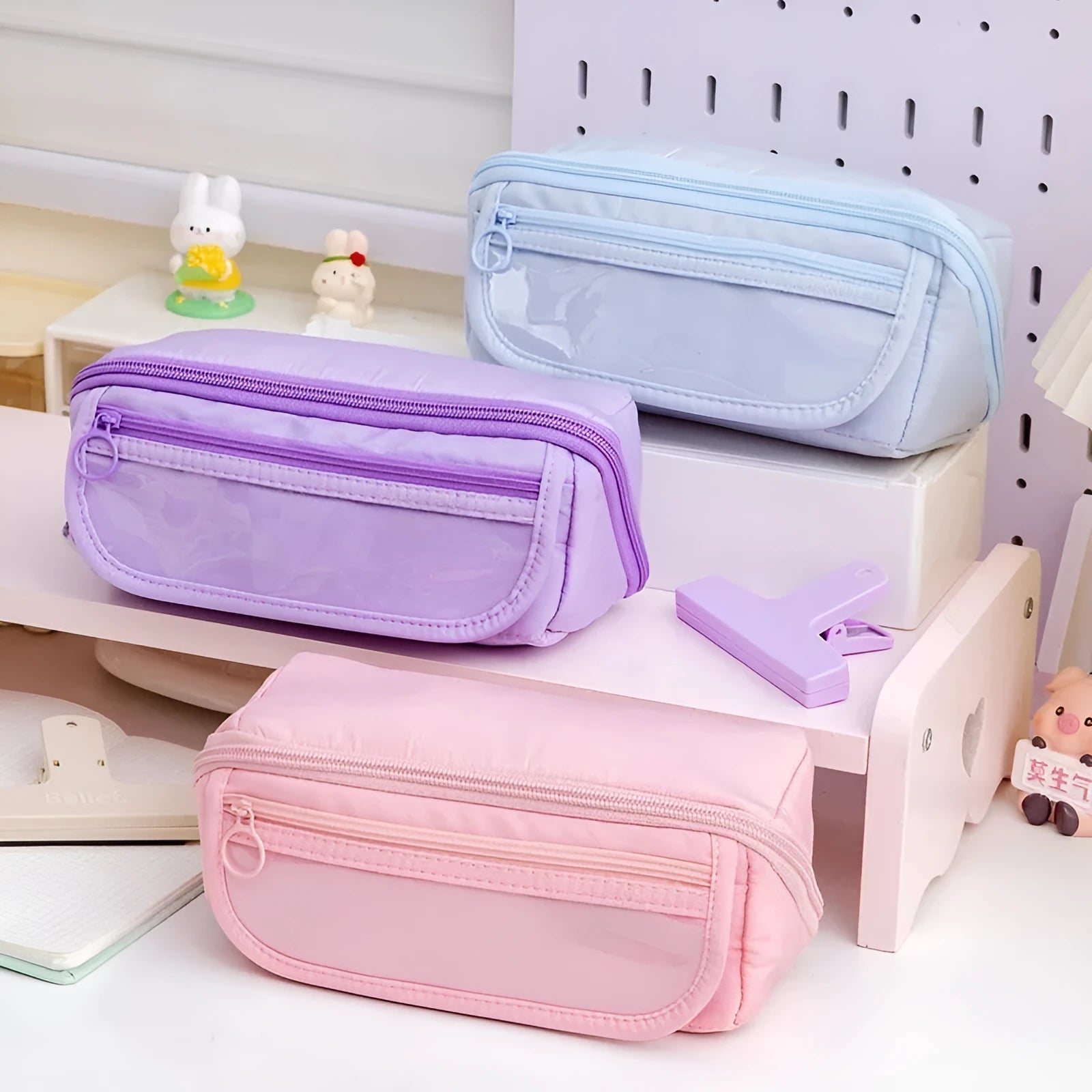 Canvas pencil case with ten flip layers open, showing compartments, in premium Black colour.