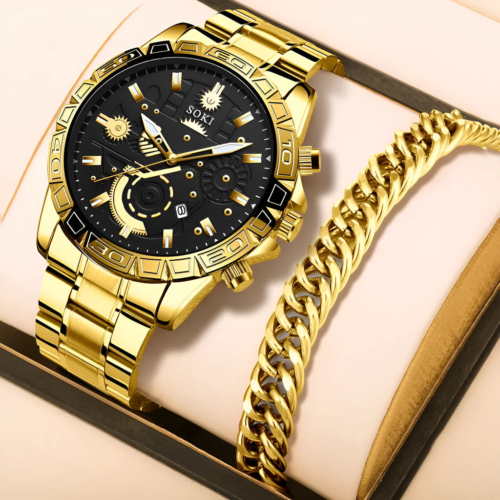 Gold men's business calendar watch with stainless steel strap and spiral crown