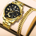 Gold men's business calendar watch with stainless steel strap and spiral crown