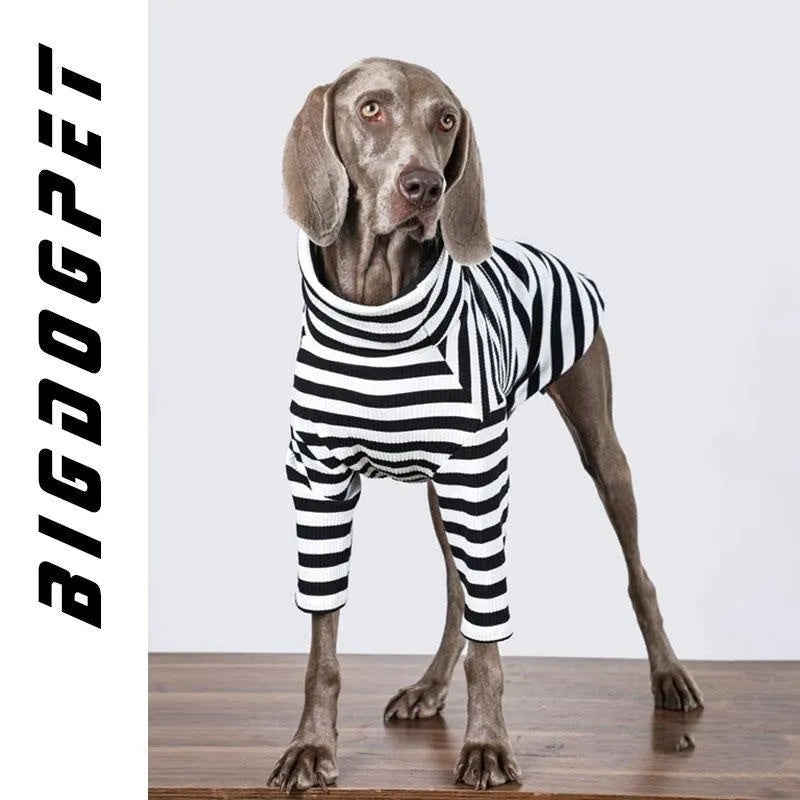 Black and white thin polyester dog clothing for large breeds on a size chart.