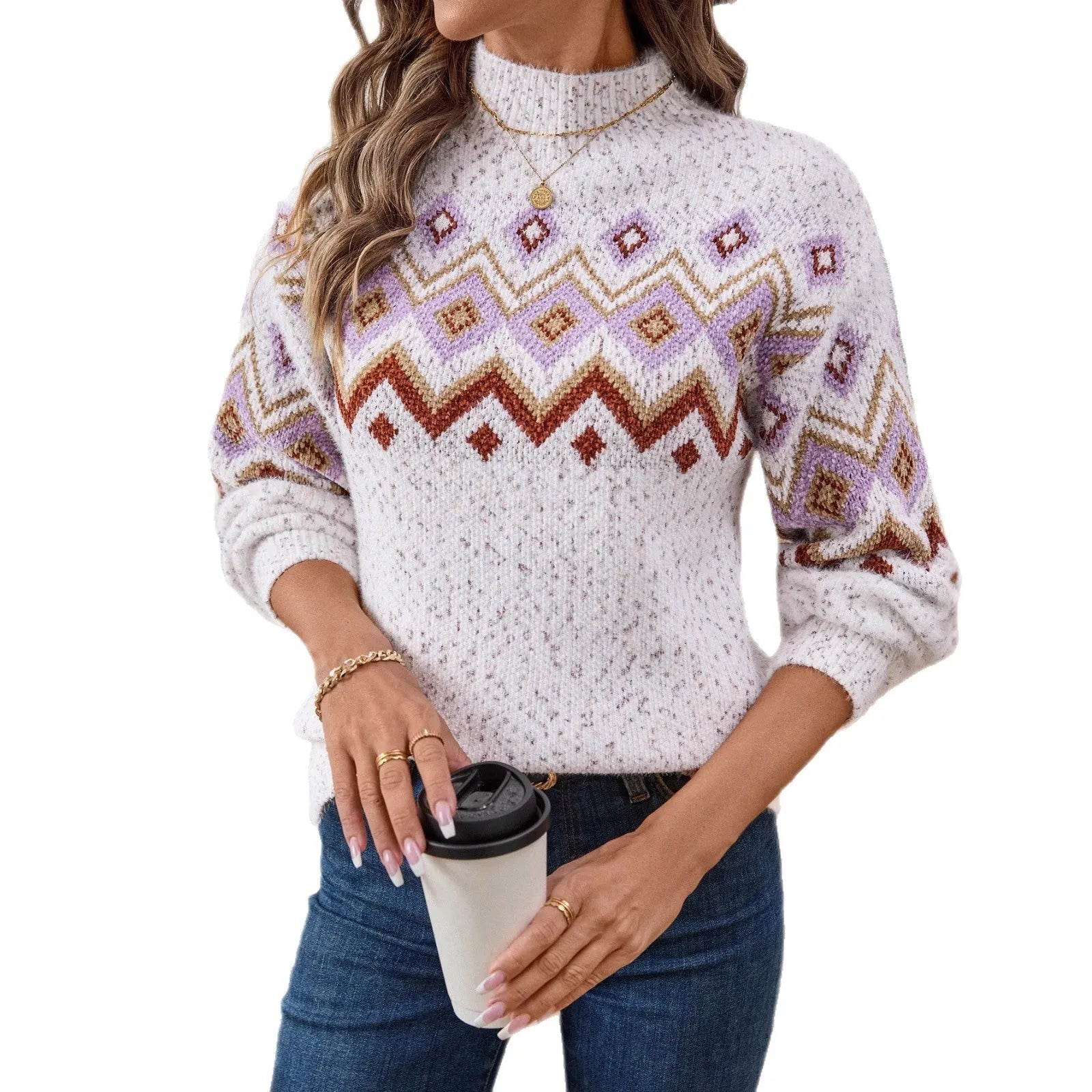White geometric pattern half turtleneck sweater with loose fit and long sleeves