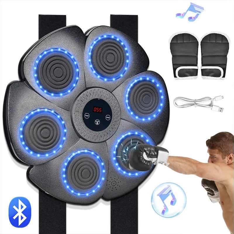 Black smart boxing wall target with LED lights and half-finger gloves for indoor training
