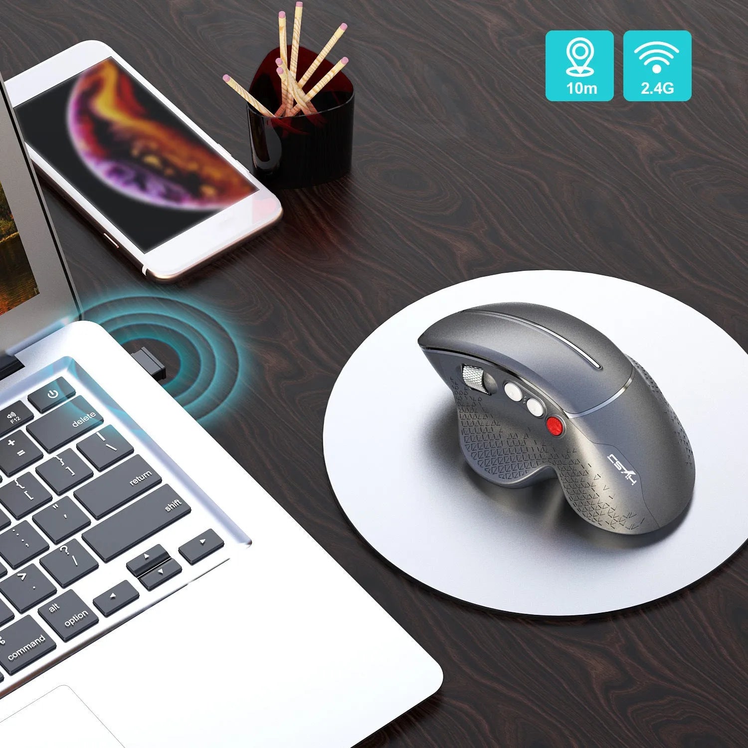 T32 wireless vertical ergonomic mouse in black matte texture showing aluminium side roller and 6-button layout.