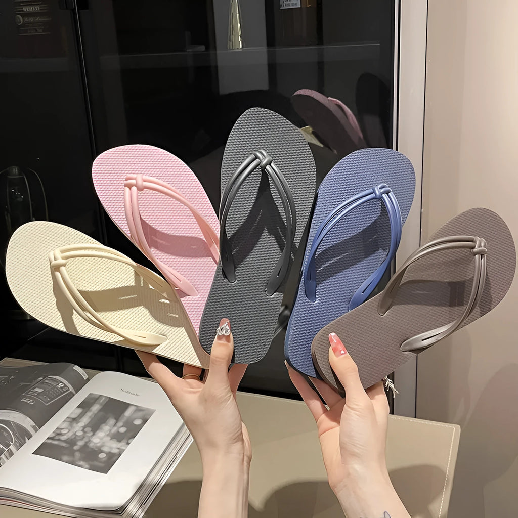 PVC casual flip flops with toe covering design in pink, beige, coffee, dark blue or black-white colours
