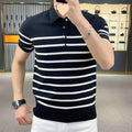 Black and white striped men's knitted t-shirt with a pointed lapel collar.
