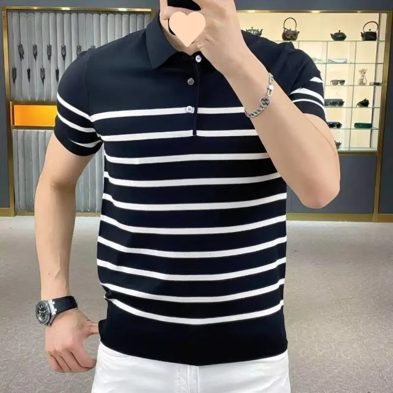 Black and white striped men's knitted t-shirt with a pointed lapel collar.