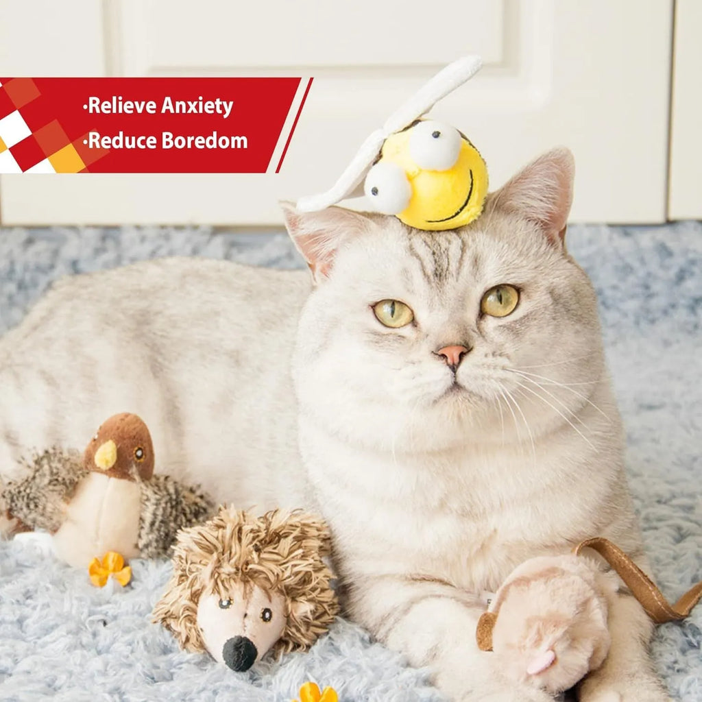 Yellow bee-shaped electronic cat toy with flannelette fabric for motion-activated squeaking play