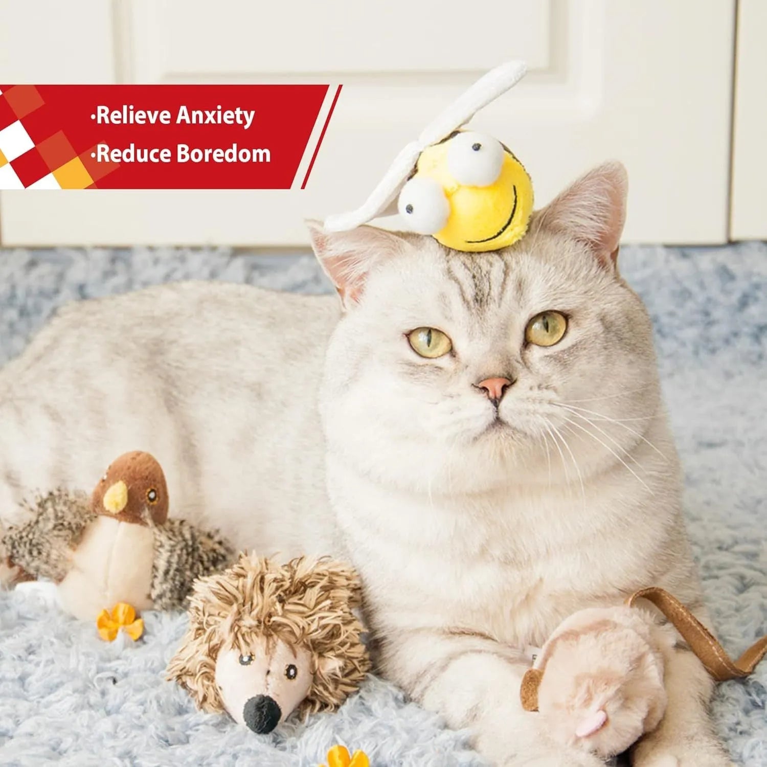 Yellow bee-shaped electronic cat toy with flannelette fabric for motion-activated squeaking play