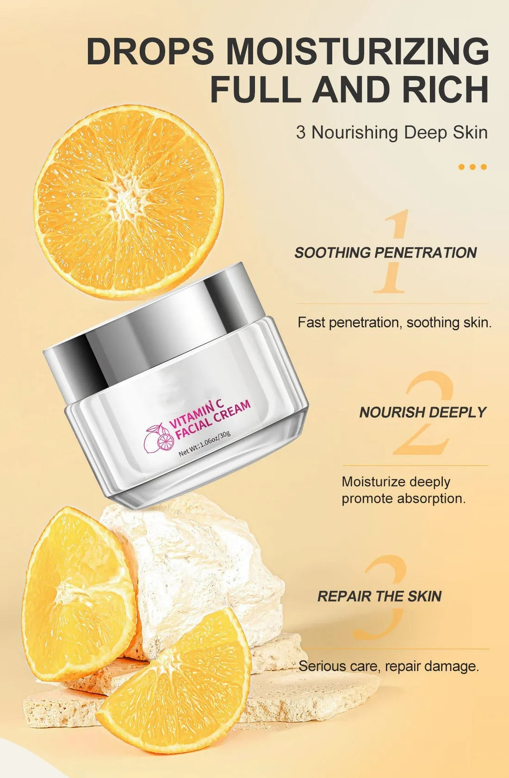 30g vitamin C face cream in a white 6cm wide by 5.2cm high jar.