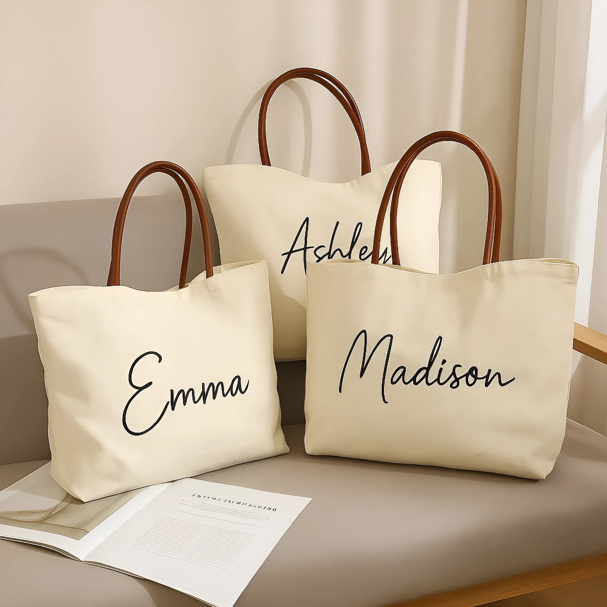 Beige white cotton canvas tote bag with sturdy handles on a plain background.