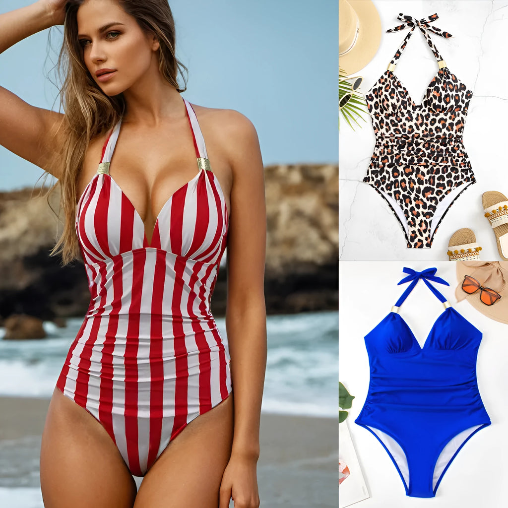 Women's quick-drying swimsuit in leopard print, showing conservative thin design with high elasticity spandex lining.