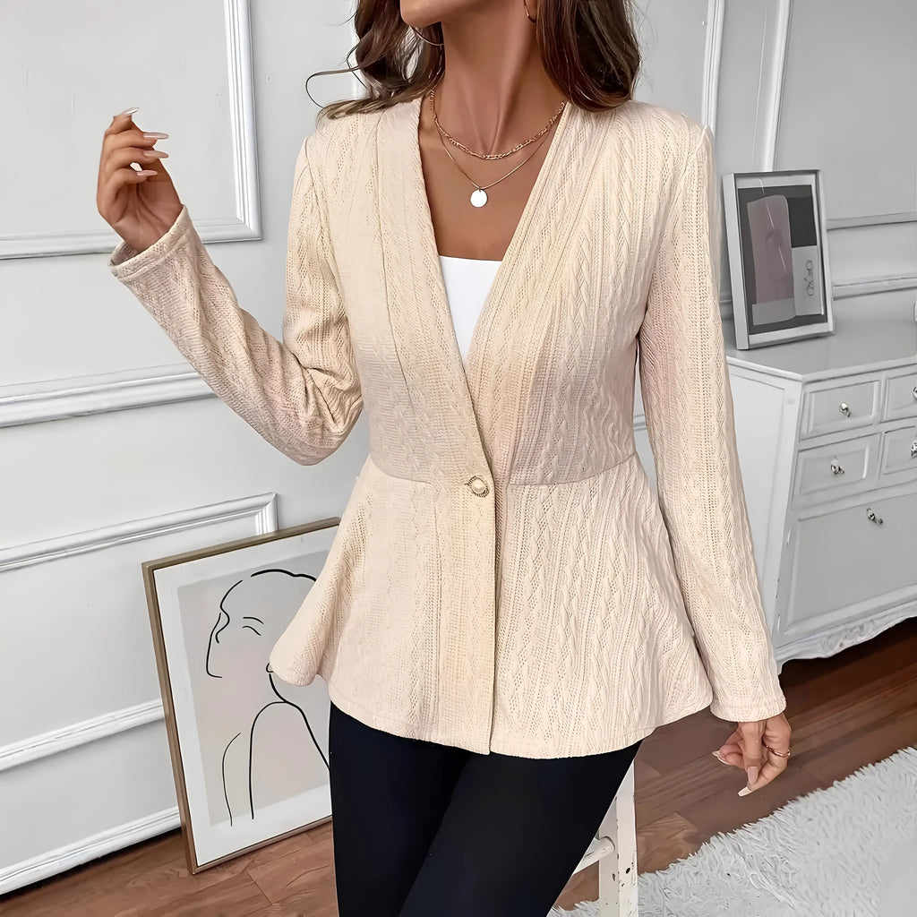 Women's apricot coloured polyester jacquard knitted cardigan with one button front closure
