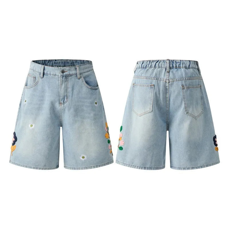 Retro workwear shorts in washed cotton with half elastic waistband shown in grey, green, camouflage, and blue colours