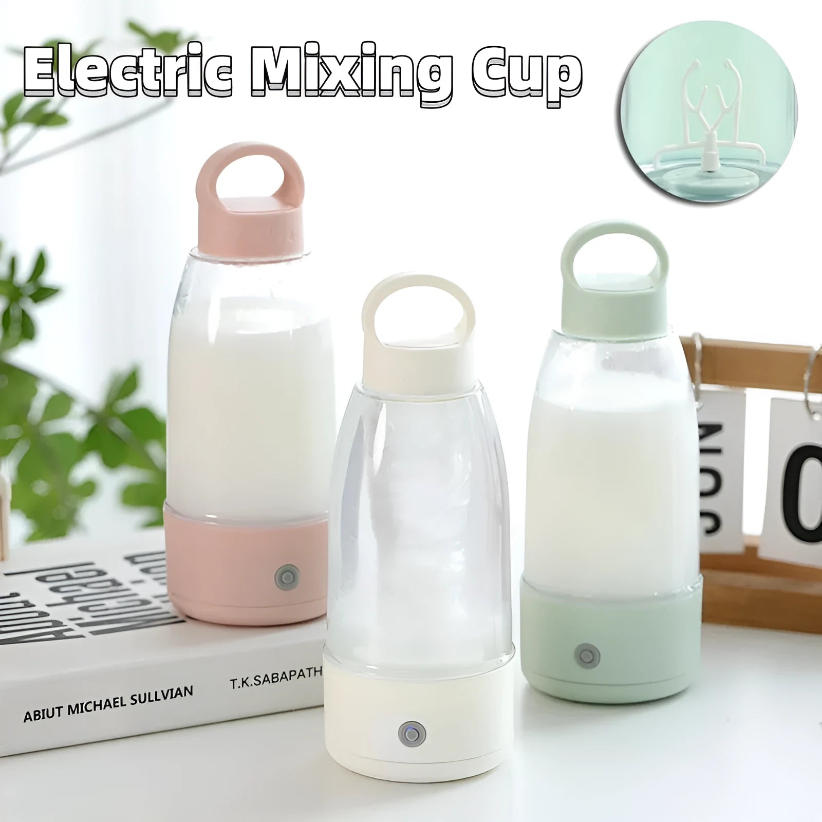 Automatic electric shaker bottle in green, pink, or white with handle and USB charging port.