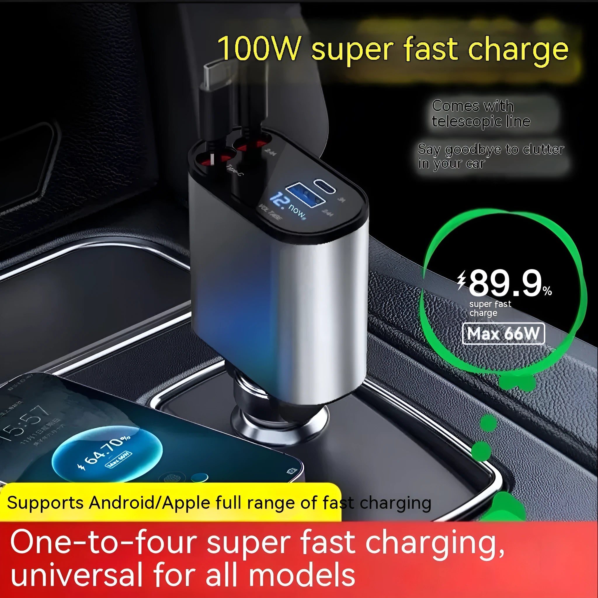 Automatic retractable car charger with four USB ports plugged into a vehicle cigarette lighter socket.