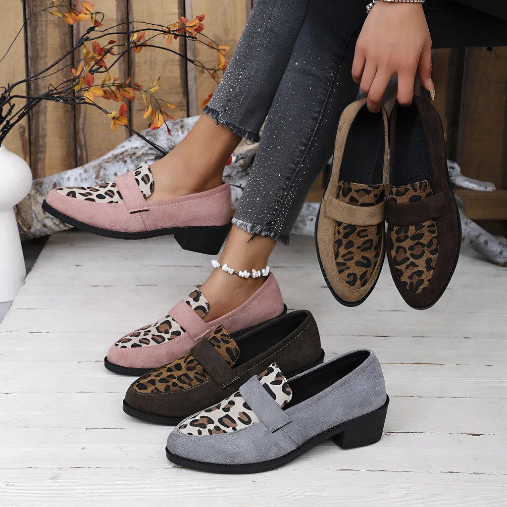 Leopard print suede casual pumps with chunky heel and pointed toe in brown, khaki, or pink colours