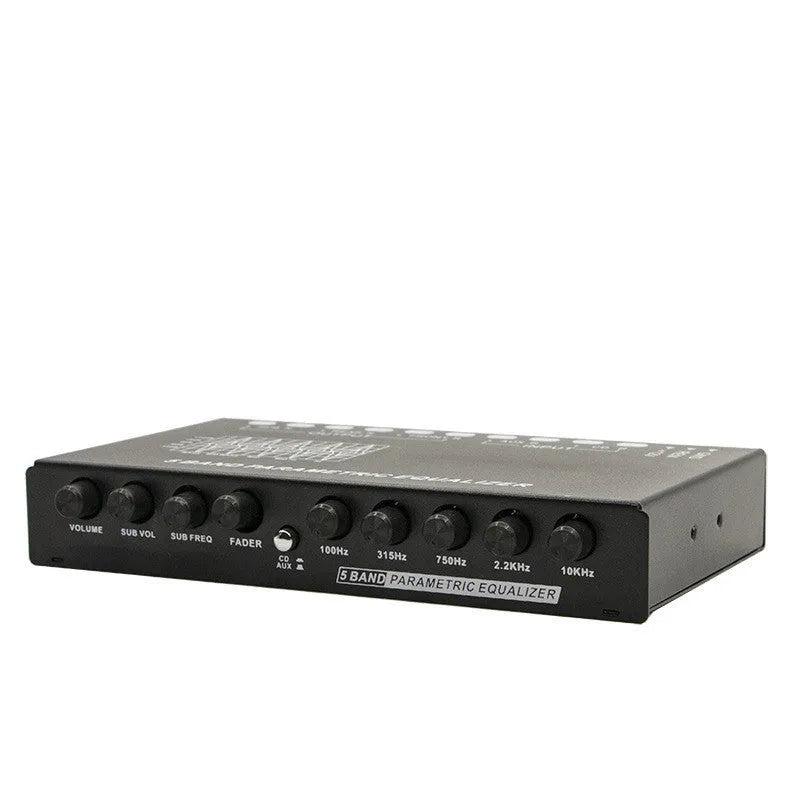 Black car audio EQ amplifier unit with control knobs, showing rear RCA input and output connections.