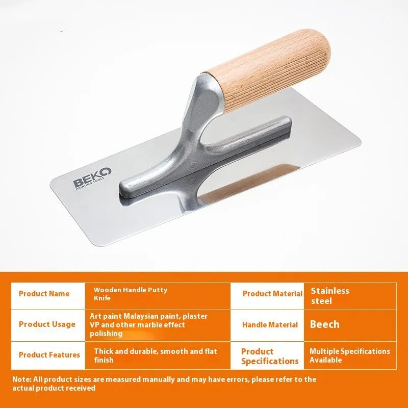 Stainless steel putty scraper with wooden handle in three different blade sizes for floor and wall work