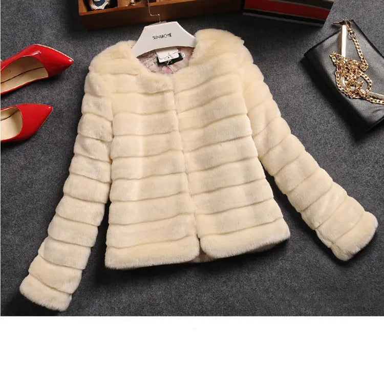 Women's short white faux fur top with regular sleeves and rabbit fur style texture