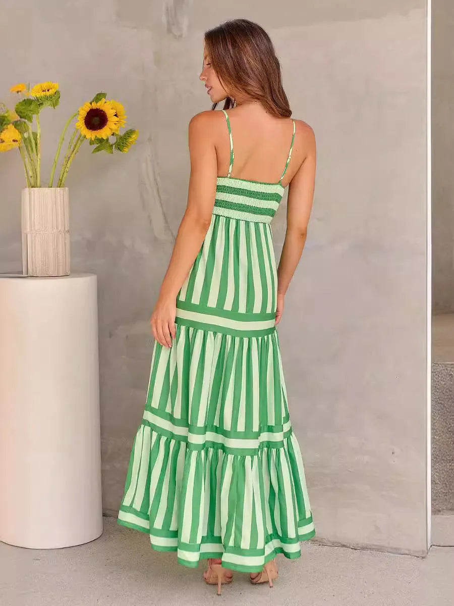 Women's striped long summer dress with square neck, backless suspender straps, and side pockets.