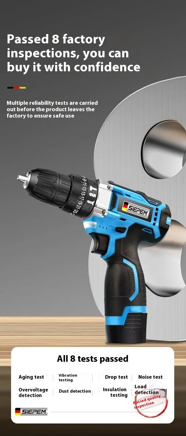 12V cordless impact pistol drill with metal chuck and accessories in plastic storage case