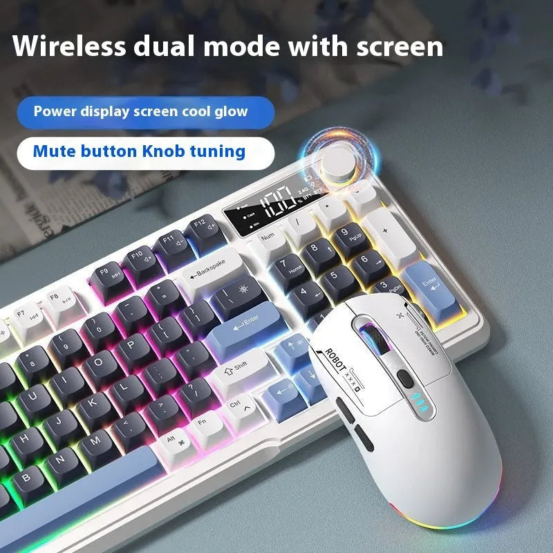 Wireless mechanical feel keyboard and mouse combo in blue white colour scheme showing 94-key layout