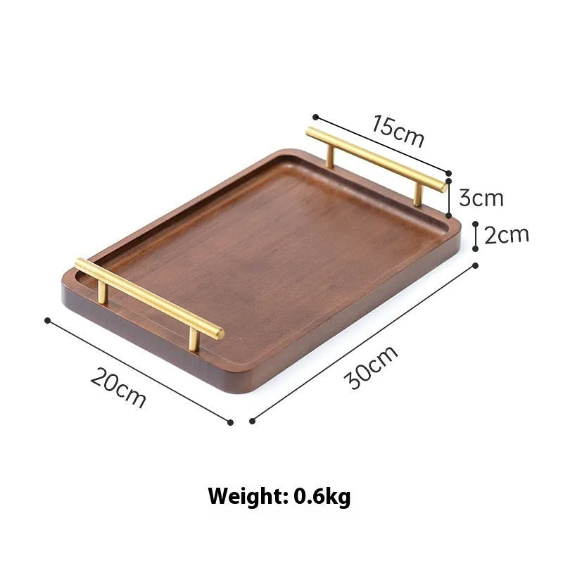 Brown handle bamboo serving tray with square shape and solid colour design