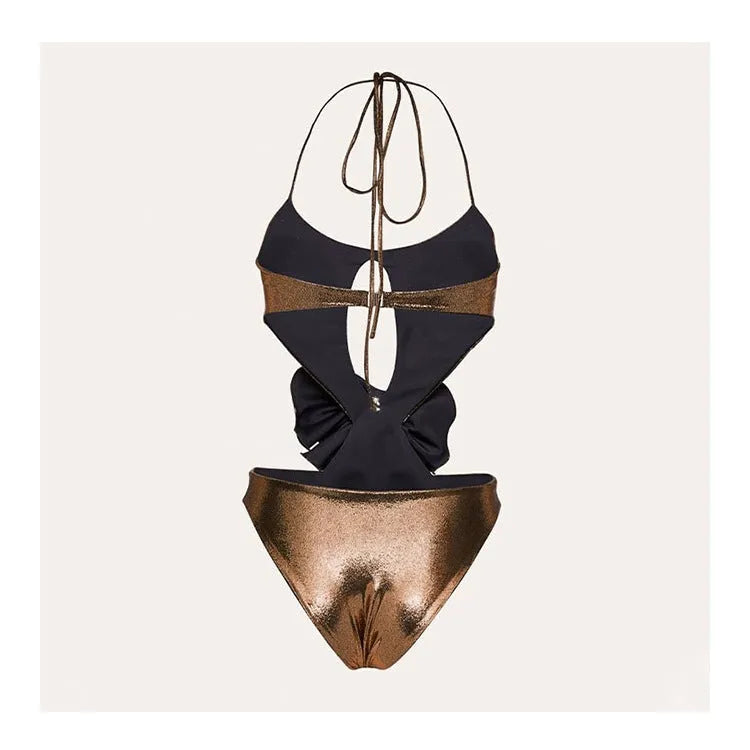 Gold halter neck one-piece swimsuit with hollow out design on mannequin