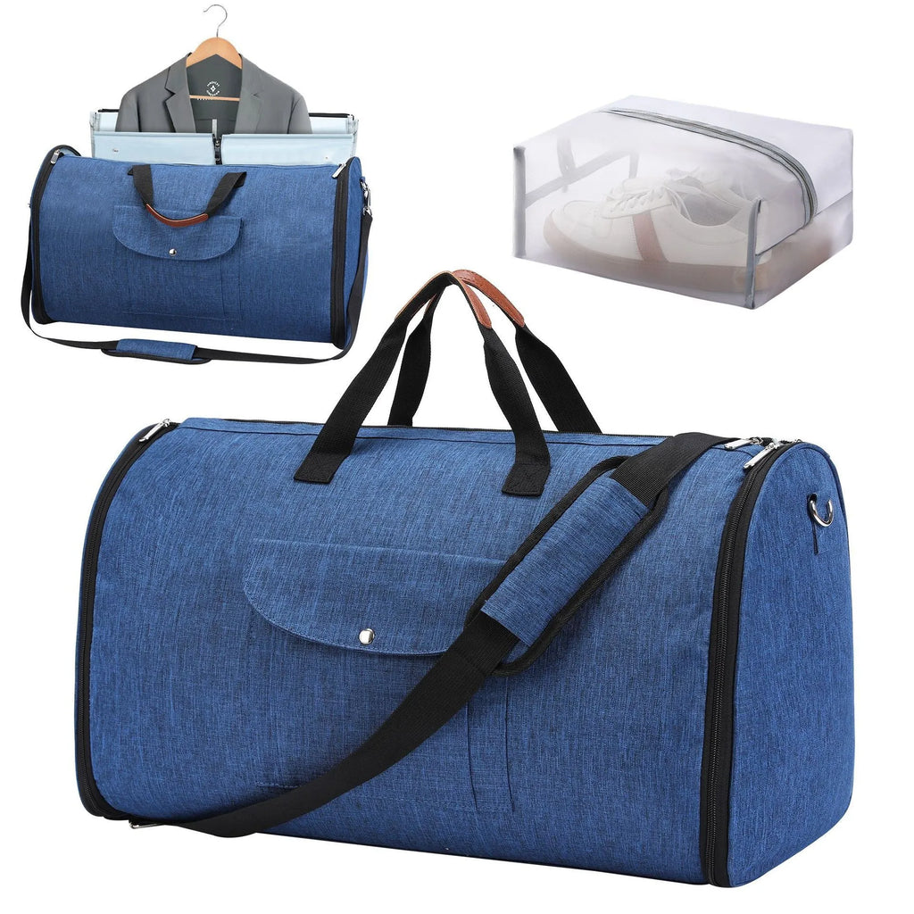 Oxford cloth folding duffel bag in dark blue with 36-55L capacity for travel and workouts