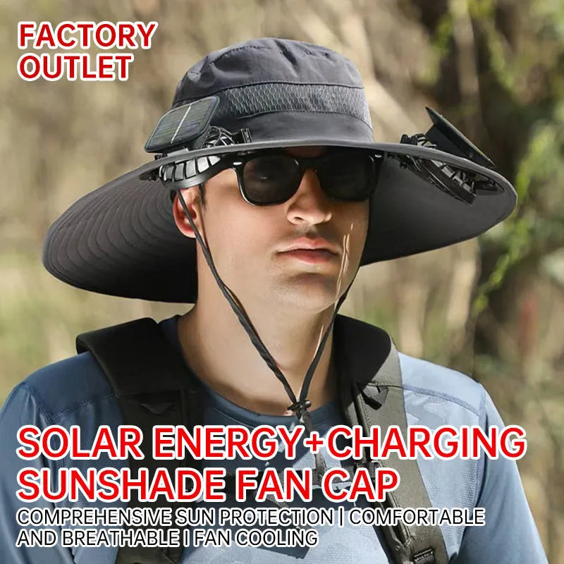 A beige solar-powered fan hat for men with a wide brim and a built-in fan on the front.