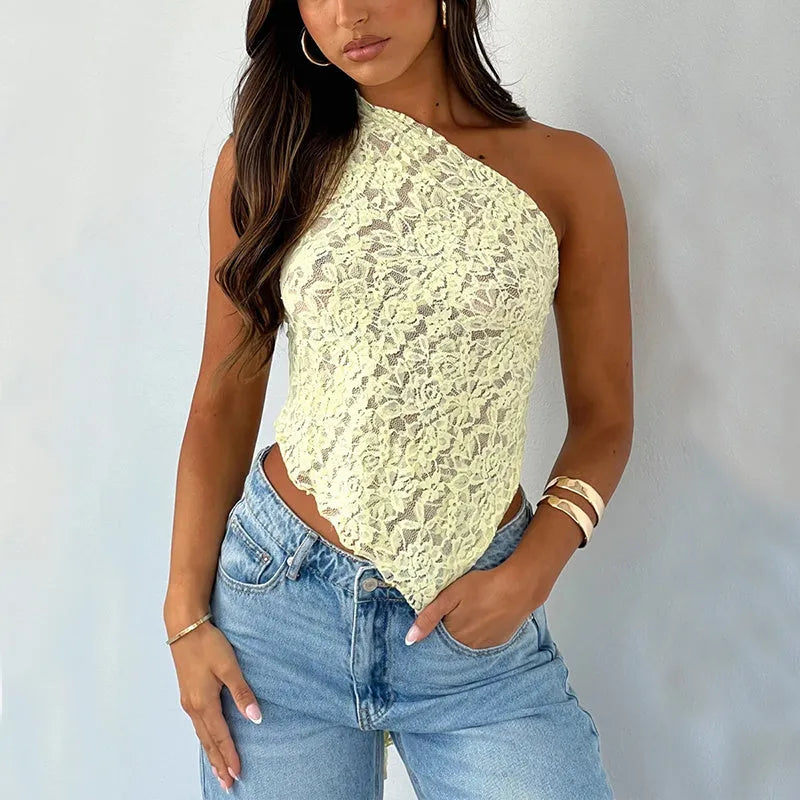 Women's sleeveless lace backless vest top with asymmetrical neckline in slim fit streetwear design