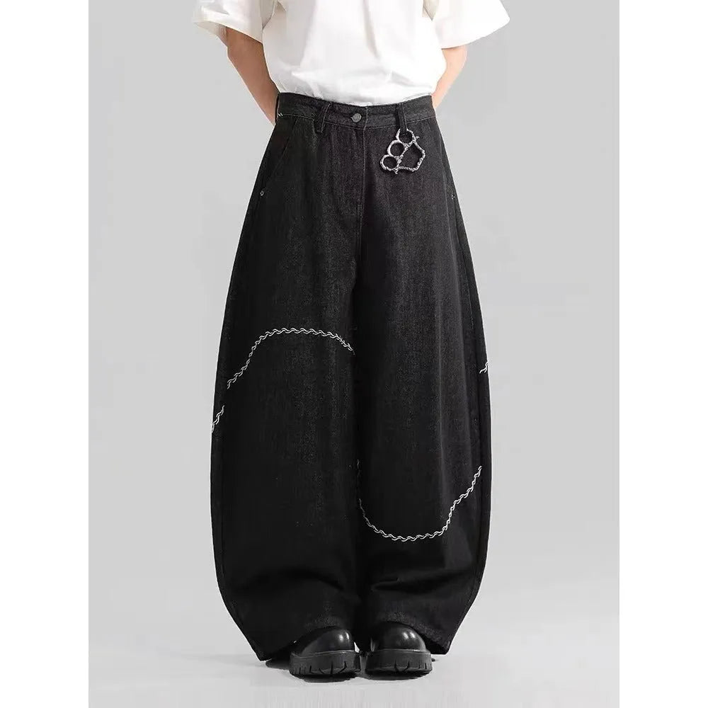 Black straight leg trousers in polyester denim fabric with micro-elastic properties for casual wear