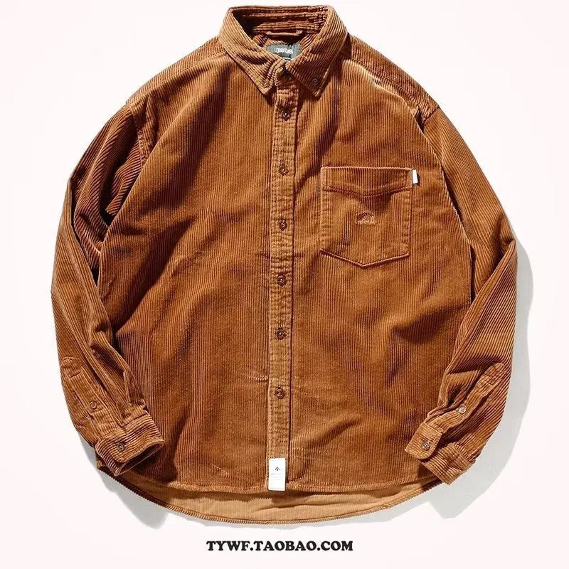 Loose fit corduroy long sleeve shirt in caramel colour, cardigan style with button front