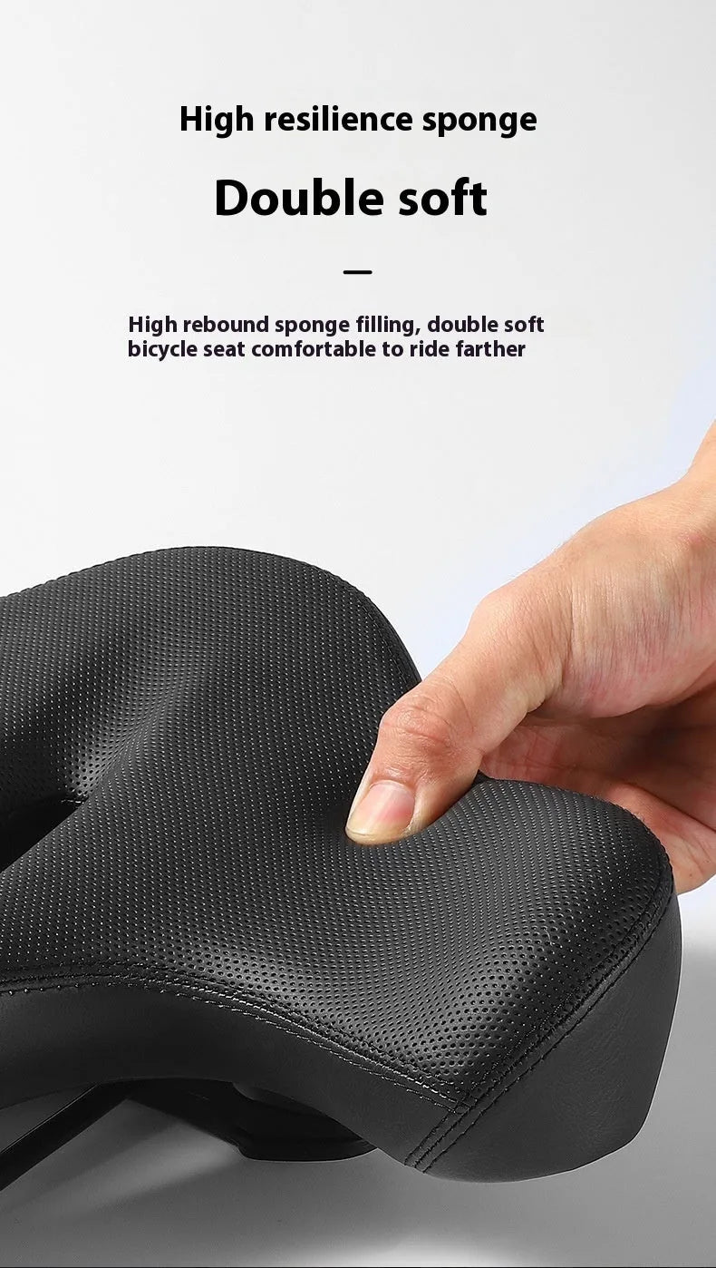 Black leather bicycle seat cushion with thick polyurethane foam padding for shock absorption.