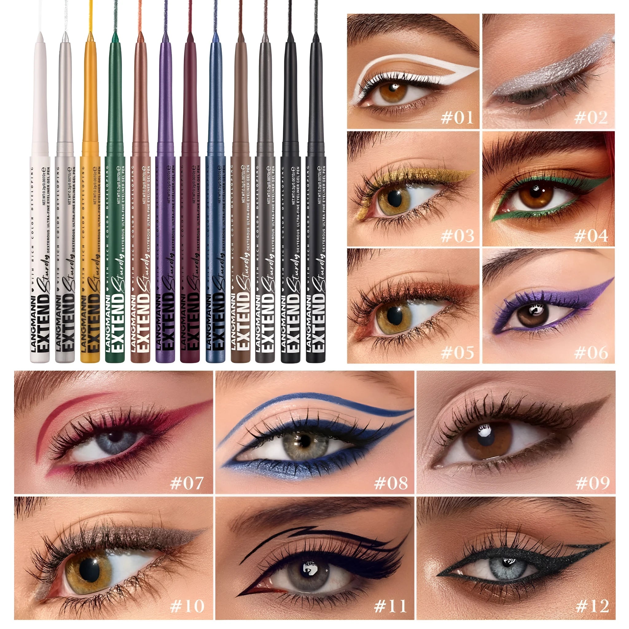 12 colourful gel glitter eyeliner pencils in vibrant shades arranged in a set