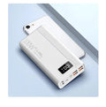 Black and white large capacity power bank showing front view with dimensions 150mm by 76mm.