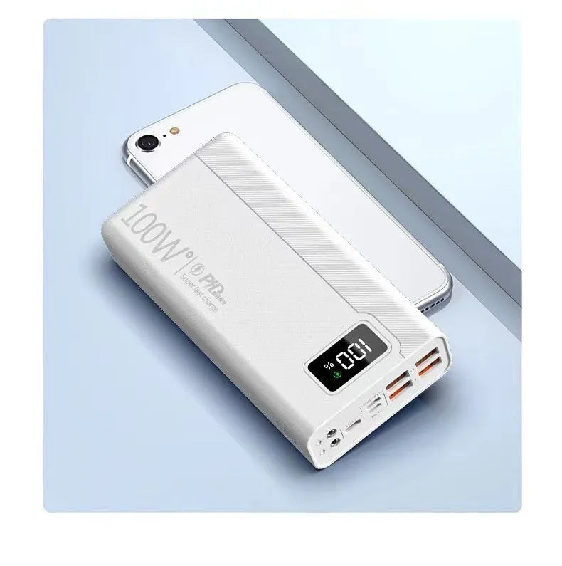 Black and white large capacity power bank showing front view with dimensions 150mm by 76mm.