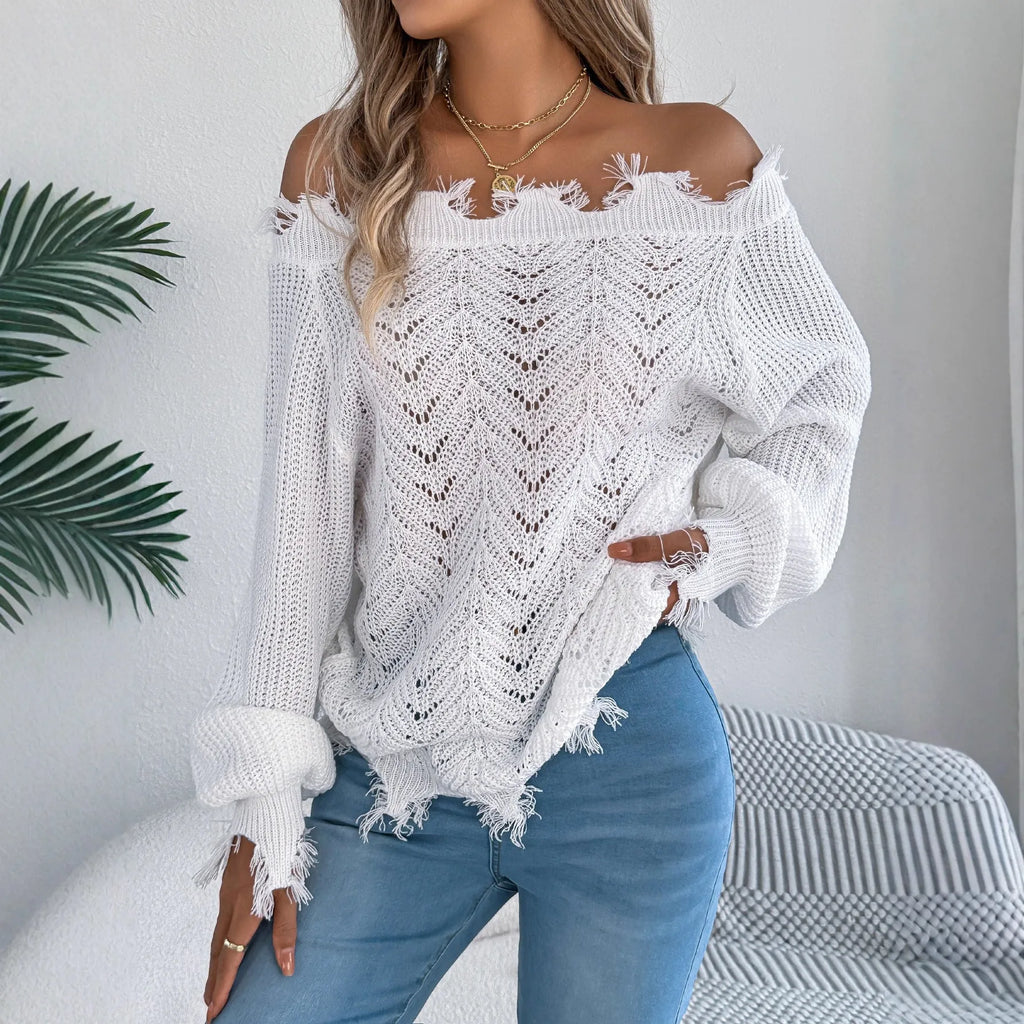 White hollow-out pullover sweater with cut off-the-shoulder design and long sleeves