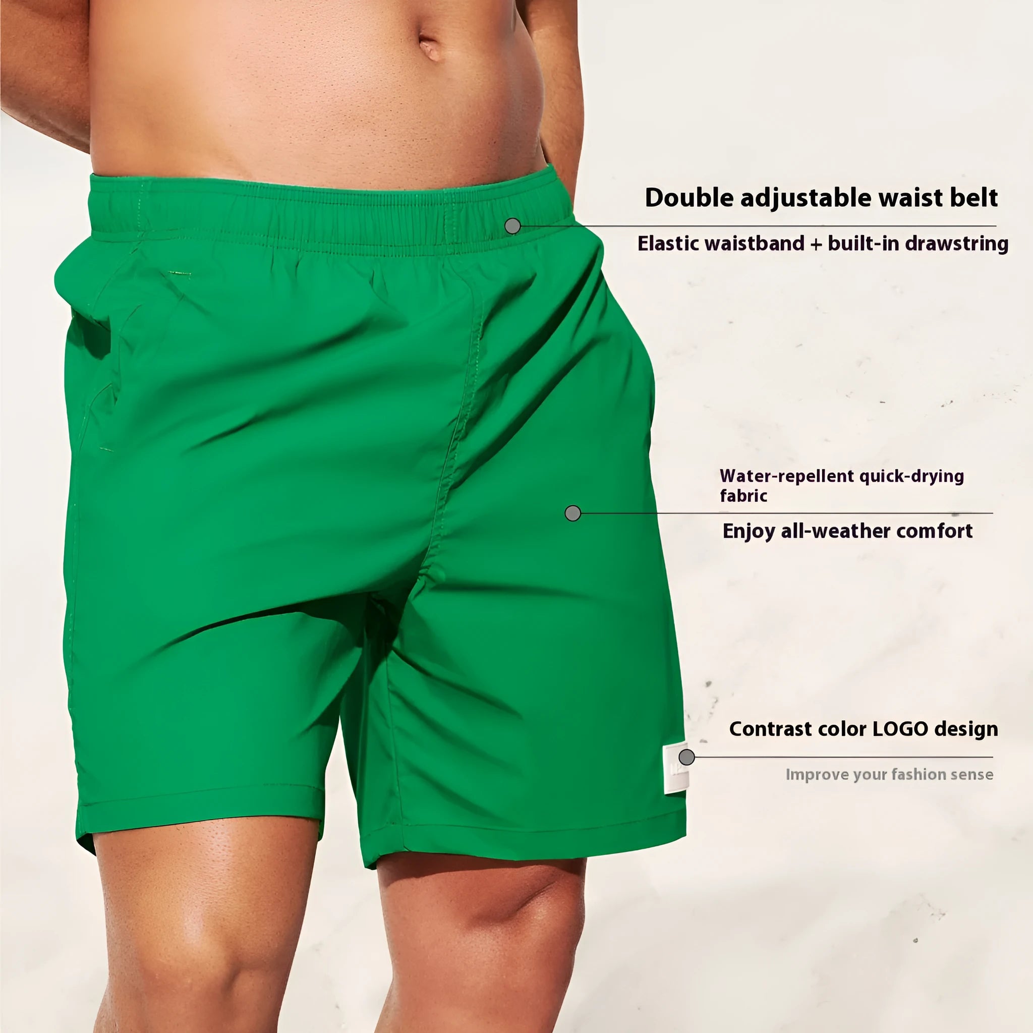 Men's solid colour quick-drying nylon beach shorts in a straight-leg style on a mannequin.